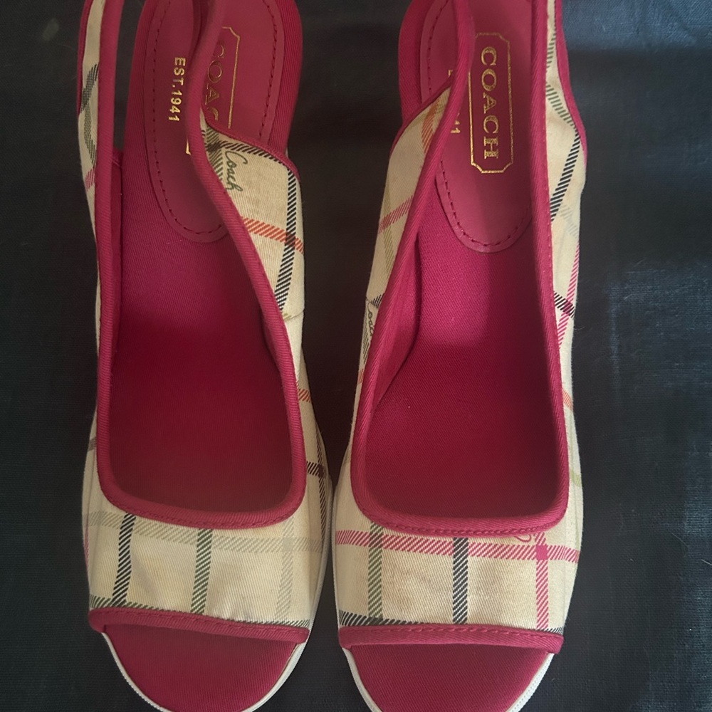 Coach Women's Red and Cream Plaid Sandals